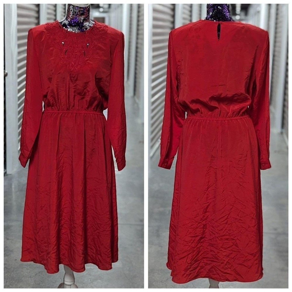Cottagecore Boho Prairie Vintage Red Midi Dress Embroidered Modest Mikado 14